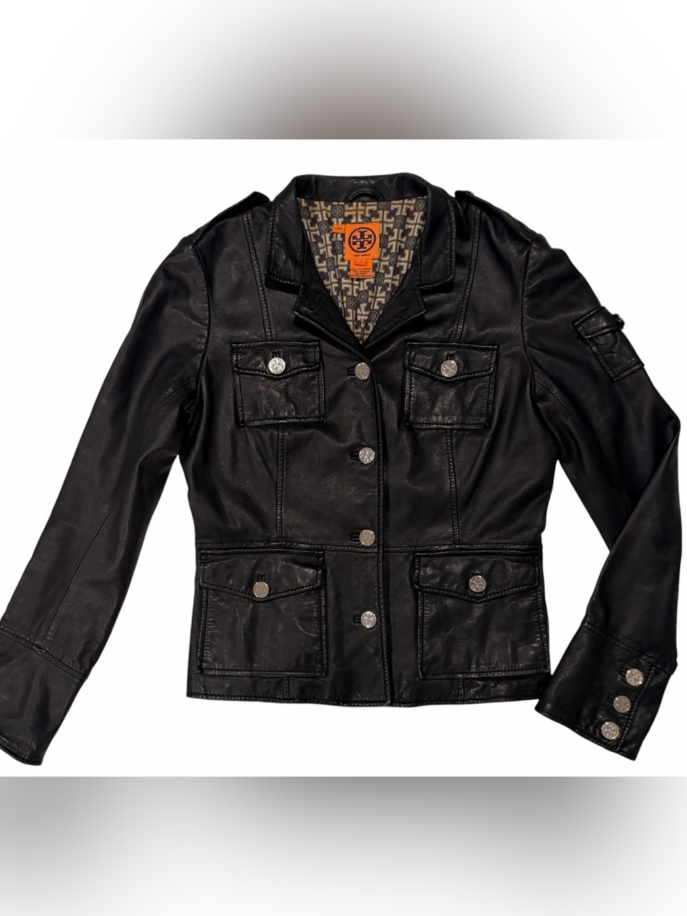 Tory Burch Black Genuine Leather Utility Moto Jacket Silver Logo Buttons Size 8